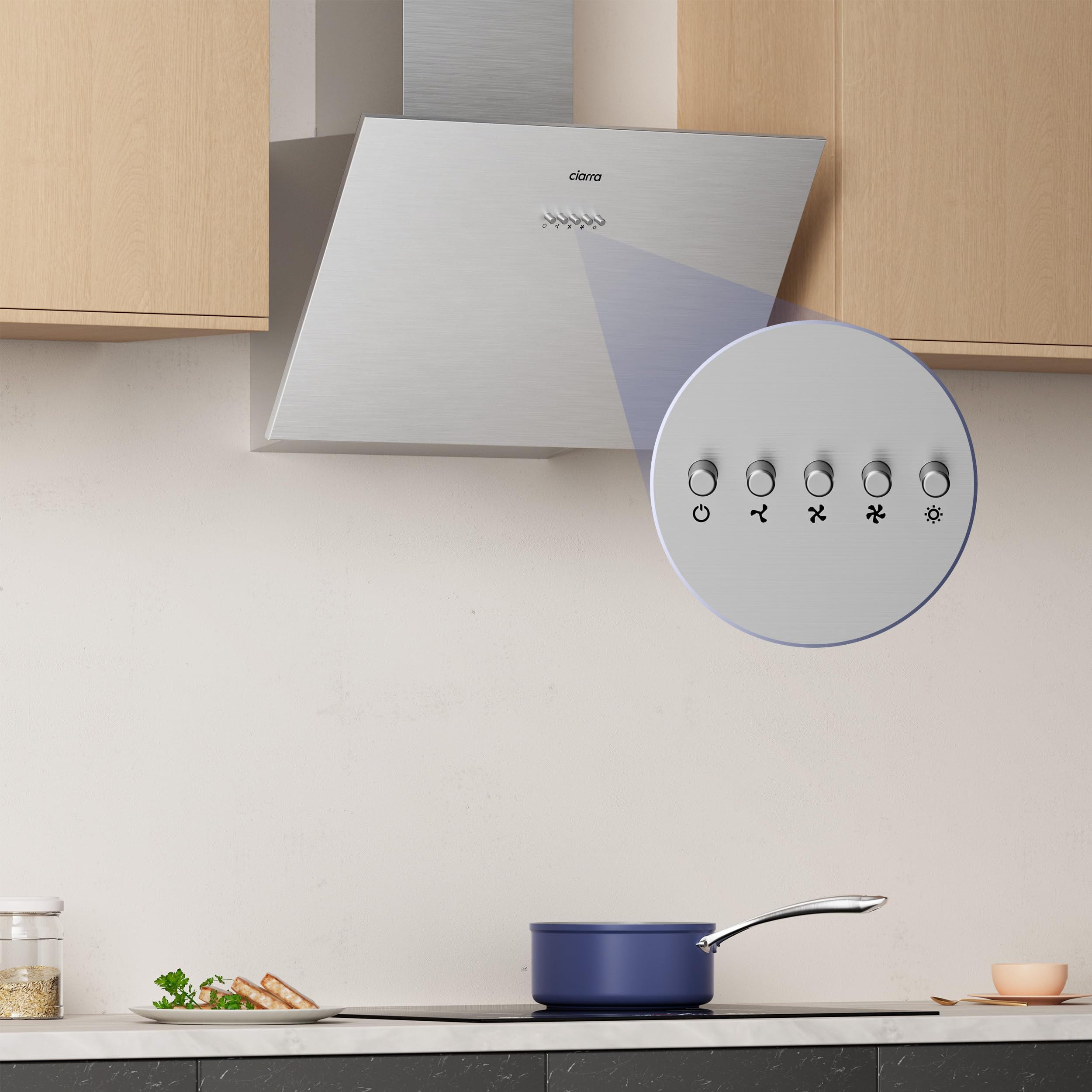 Ciarra Hotte Aspirante Inclinée 60cm - Classe A+++ - 650m³/h - Hotte de Cuisine 3 Vitesses - Filtres à Charbon Inclus - Evacuation ou Recyclage - Inox