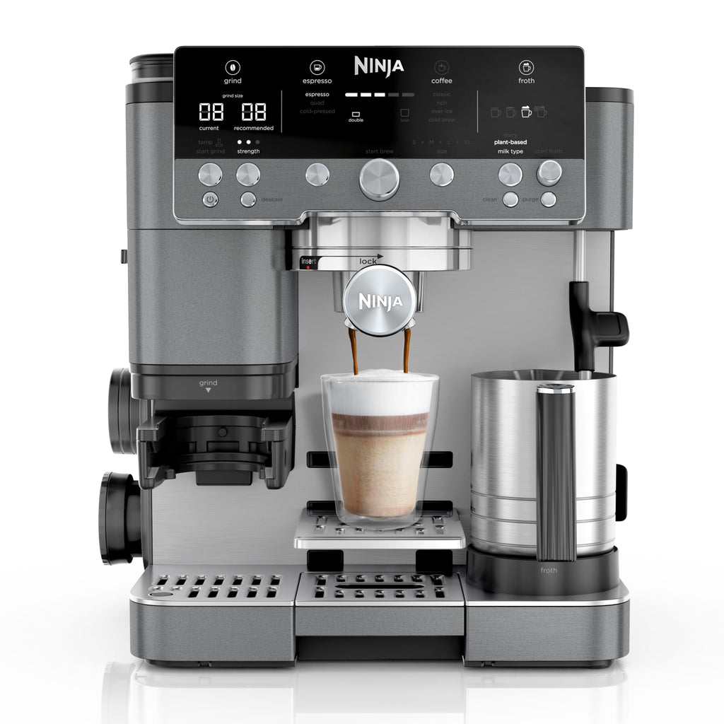 Ninja Luxe Premier Machine à café 3-en-1, Pour réaliser espressos, infusions à froid et café filtre, 4 préréglages de mousse automatiques, Gris Métalisé, ES601EUGM