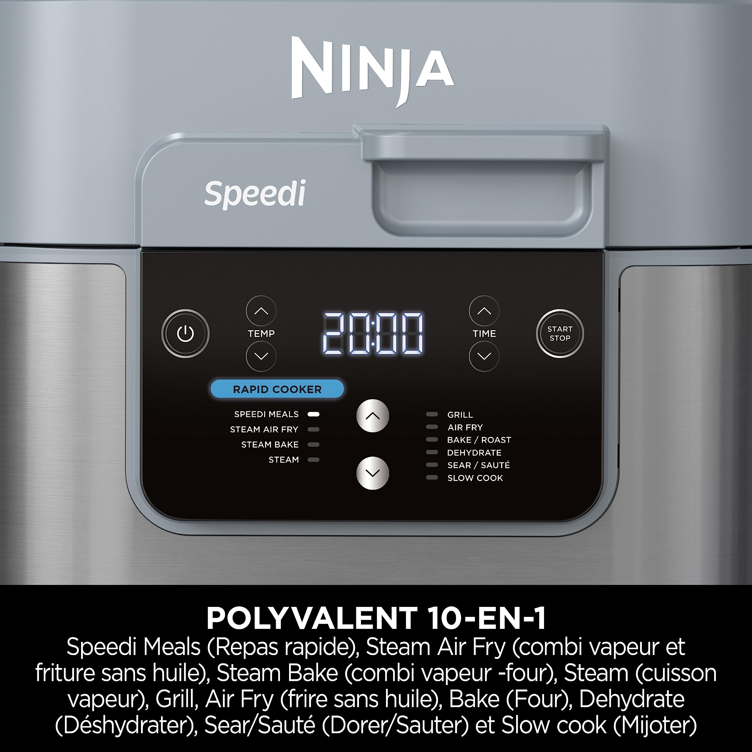 Ninja Speedi 10-en-1 Cuiseur rapide, Air Fryer, Friteuse à air et Multicuiseur, 5.7L, Repas pour 4 en 15 minutes, Vapeur, Gril, Cuire au four, Rôtir, Saisir, Mijoter et plus, Gris Sel de Mer, ON400EU