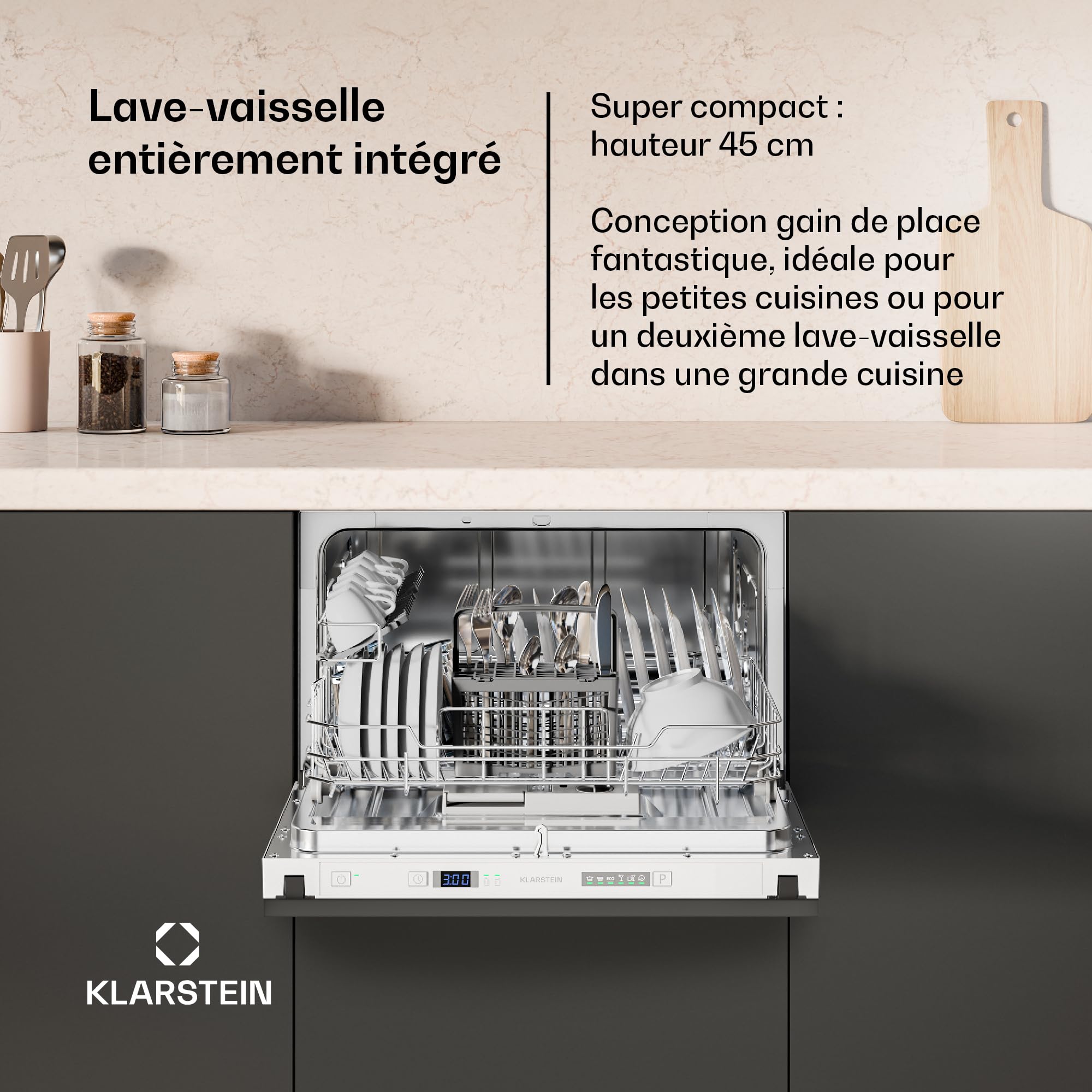 Klarstein Lave Vaisselle Encastrable - Compact 45 cm, 6 Couverts, Programme UV Hygiène, AquaStop Sécurité, Classe Énergie D, Silencieux 47 dB, Commande Intuitive