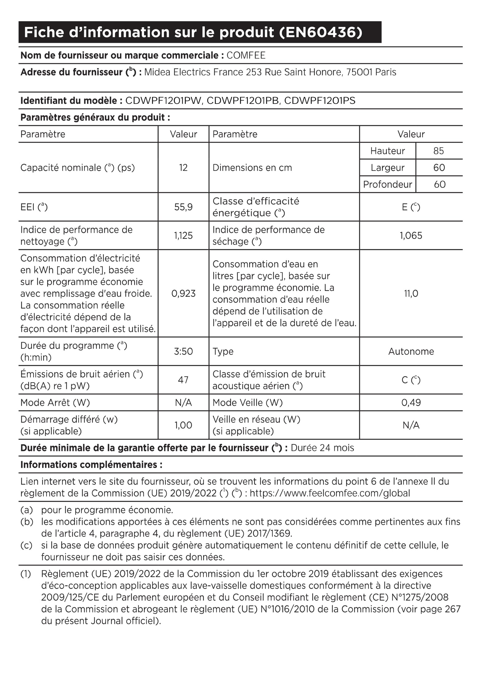 COMFEE' CDWPF1201PS Lave-vaisselle Pose Libre, 60 cm, 12 couverts, départ différé, fonction demi-charge, paniers flexibles - Acier Inoxydable, 49 dB, Commande Bouton