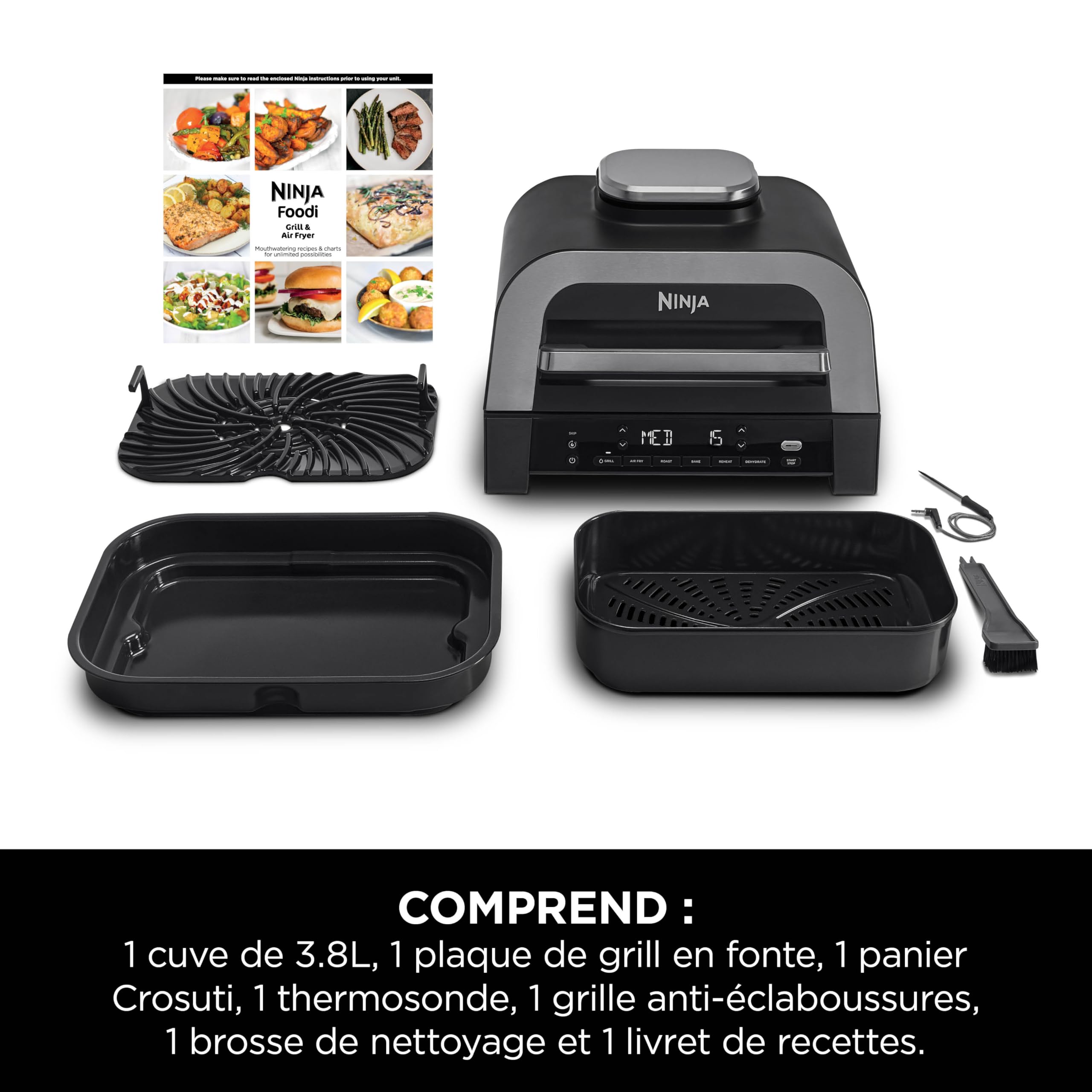 Ninja MAX 6-en-1 Grill d’intérieur et friteuse sans huile, 6 modes, cuit jusqu’à 6 hamburgers, capacité 3,8 l, faible dégagement de fumée, thermomètre à viande numérique inclus, Gris/Argent, DG551EU