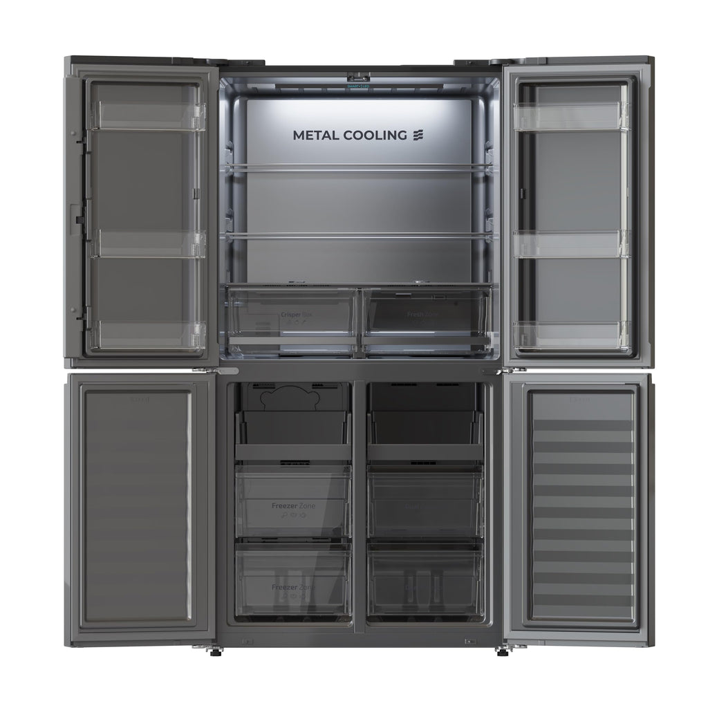 Cecotec Réfrigérateur Américain 4 Portes Bolero CoolMarket 4D 601 Black Glass E. 601L, Moteur Inverter, 90cm, No Frost, ECO, Refroidissement Rapide, Display, Alarme Température, Verre Noir
