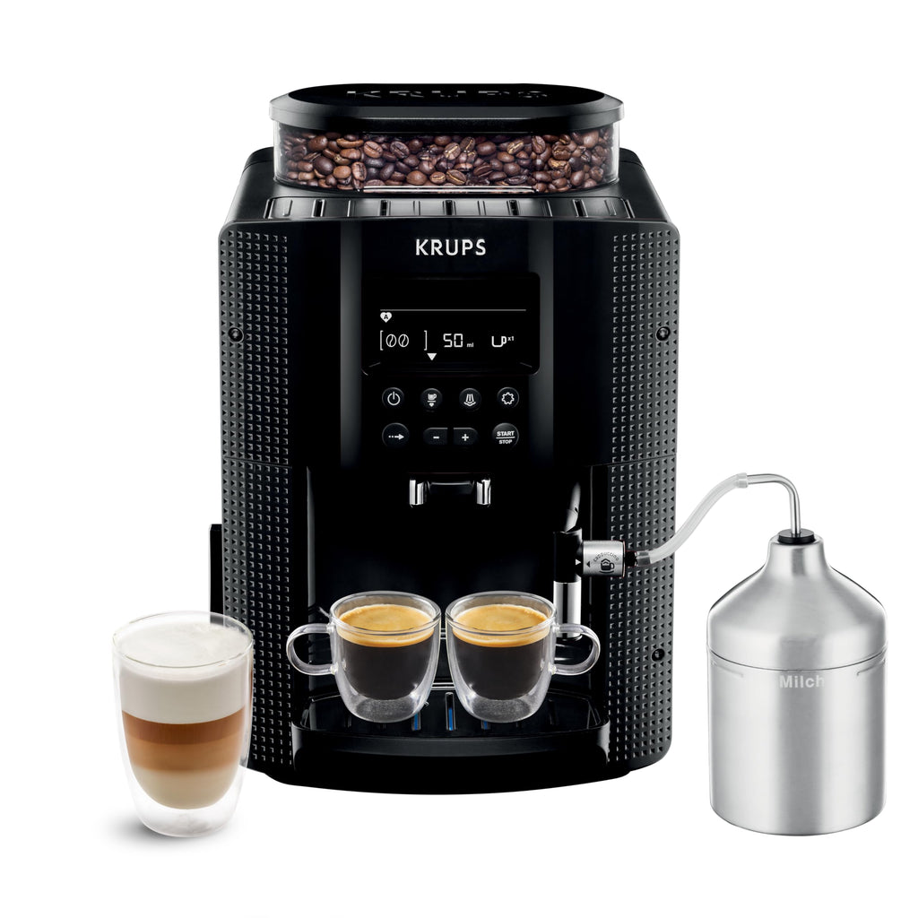 Krups Essential, Machine à café grain, Expresso automatique, 2 tasses simultanées, Ecran LCD, Nettoyage automatique, Buse vapeur, Pot à lait inox Cappuccino, Noire, EA816031