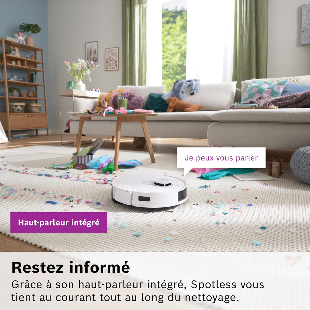 Bosch Spotless + BCRD1W Robot aspirateur-Laveur, 11 000 Pa, serpillère Statique, Station de Service, Navigation Smart Vision Infrarouge, Application Home Connect, Blanc