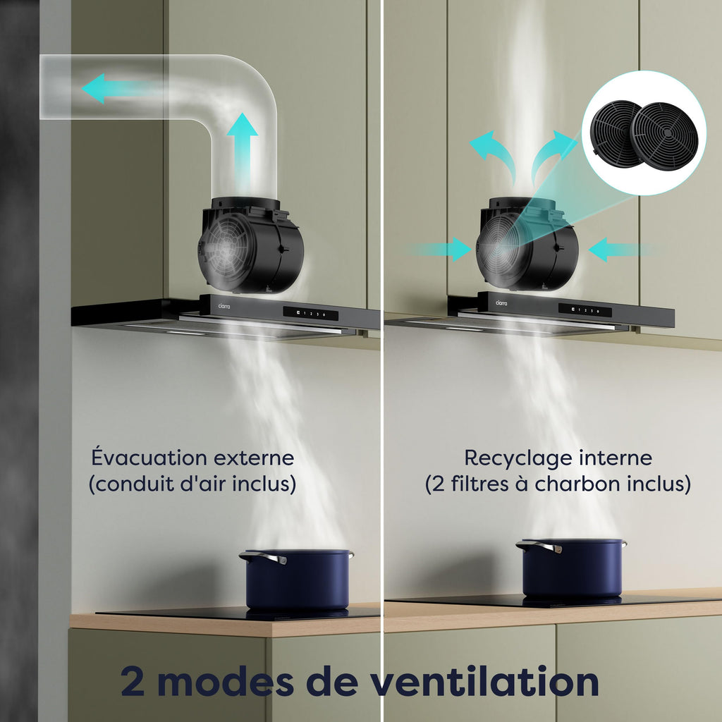 CIARRA CBCB6909A Classe A+ Hotte Télescopique Encastrable 60 cm 600 m³/h, Commande Tactile, 3 Vitesses, Recyclage & Evacuation, Filtre à Charbon CBCF055 Inclus, Noire
