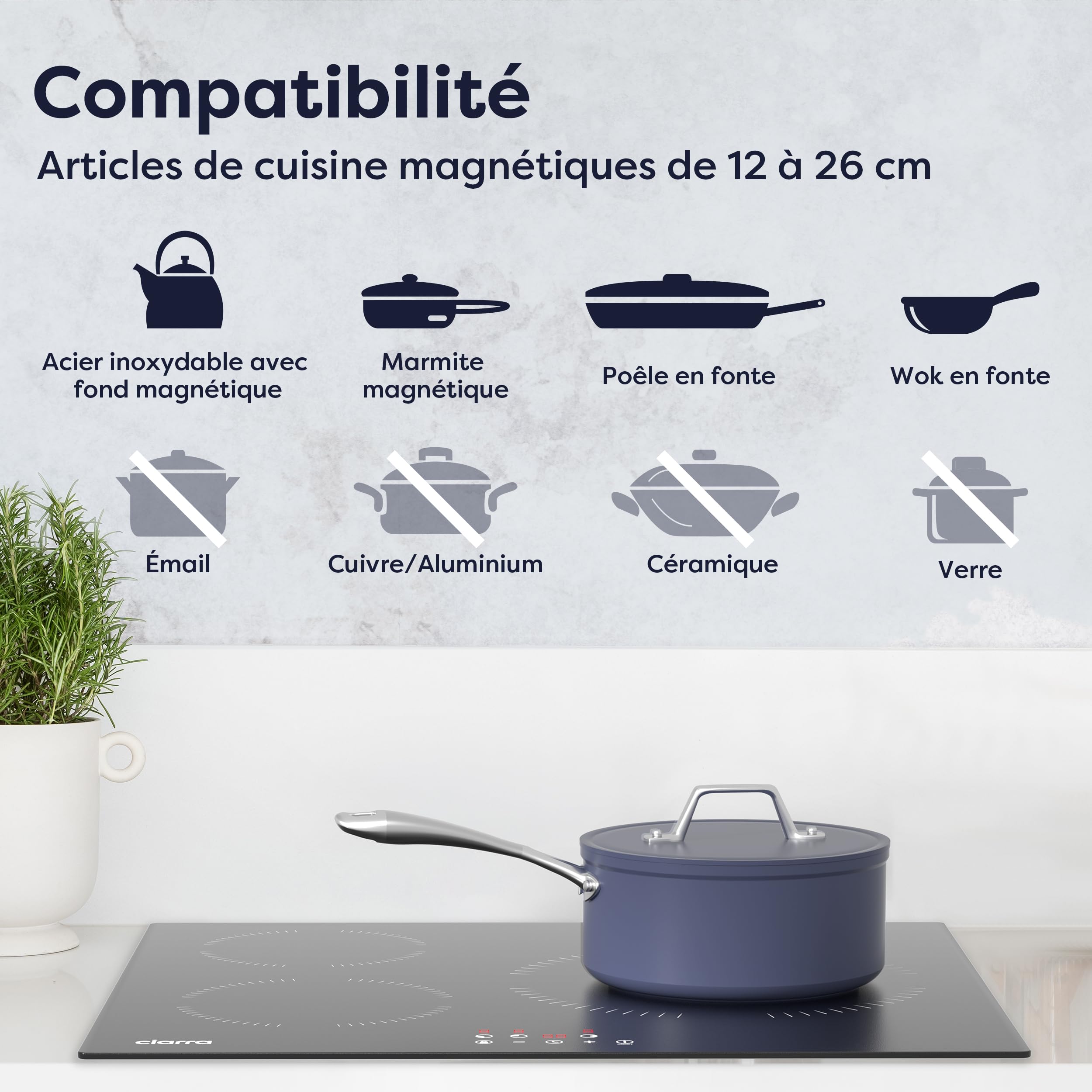 Ciarra CABBIH3-A Plaque Induction 3 Feux 5600W, 60CM Plaque de Cuisson Verre, Contrôle Tactile, Minuterie, Sécurité Enfant