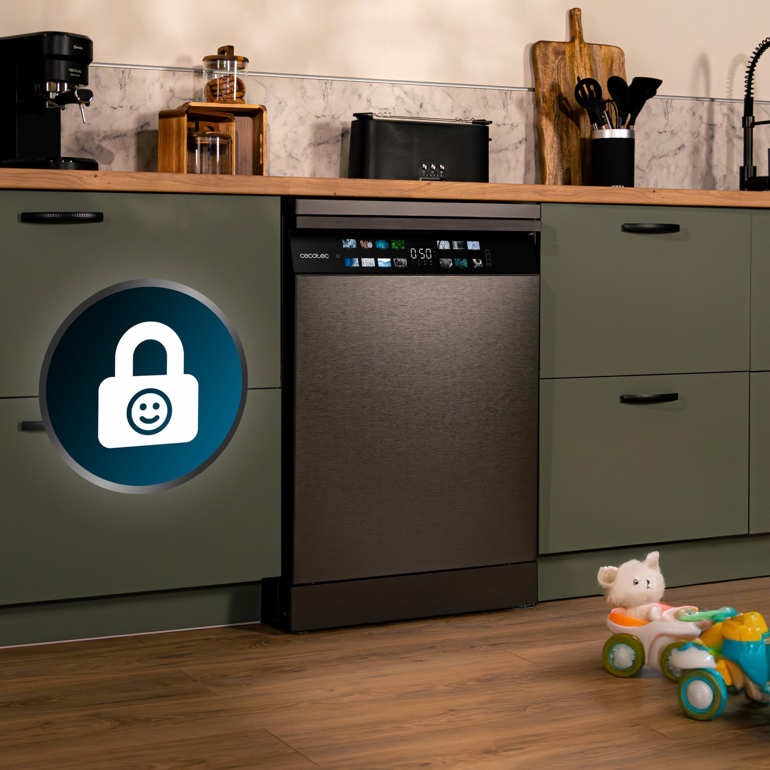 Cecotec Lave-vaisselle 60cm Bolero Aguazero 6700 Dark B Lave-vaisselle foncé, 15 couverts, Classe B, Moteur Inverter Plus, O2 Dry, Lavage Double Zone,