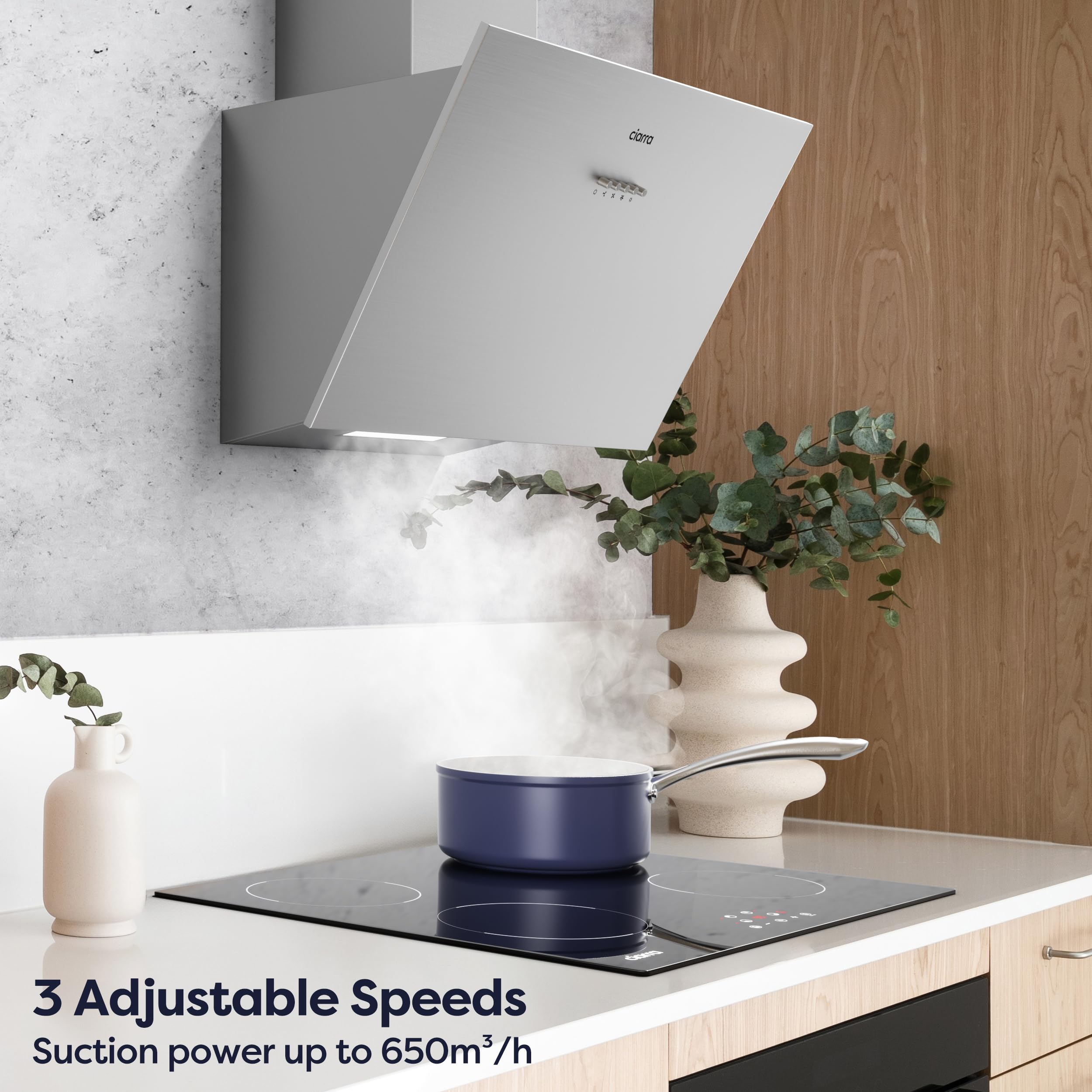 Ciarra Hotte Aspirante Inclinée 60cm - Classe A+++ - 650m³/h - Hotte de Cuisine 3 Vitesses - Filtres à Charbon Inclus - Evacuation ou Recyclage - Inox