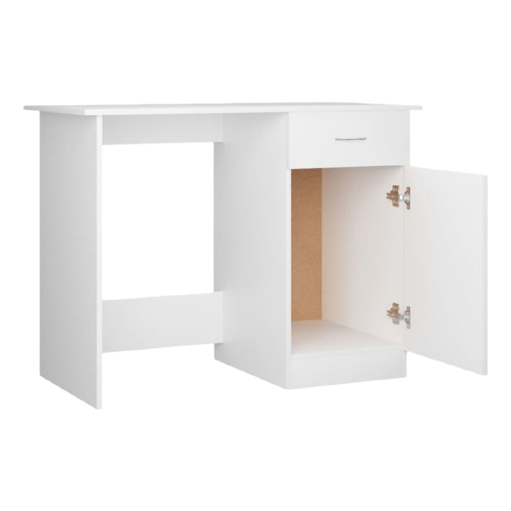 Bureau blanc avec tiroir et espace de rangement intégré