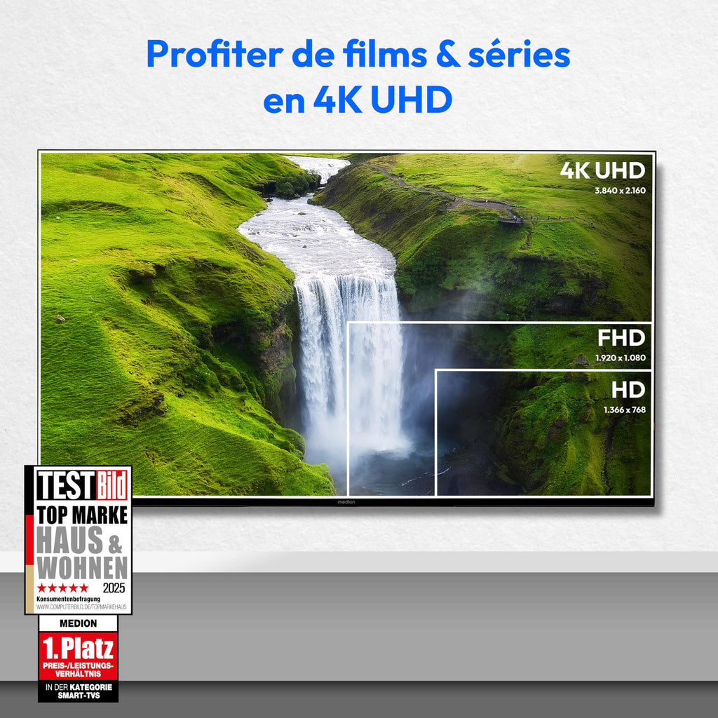 MEDION TV 43 Pouces (108 cm) Television (Smart TV, 4K, Dolby Vision HDR, Prime Video, Disney+, Dolby Atmos, DTS X, Compatible avec Google TV, PVR, Blu